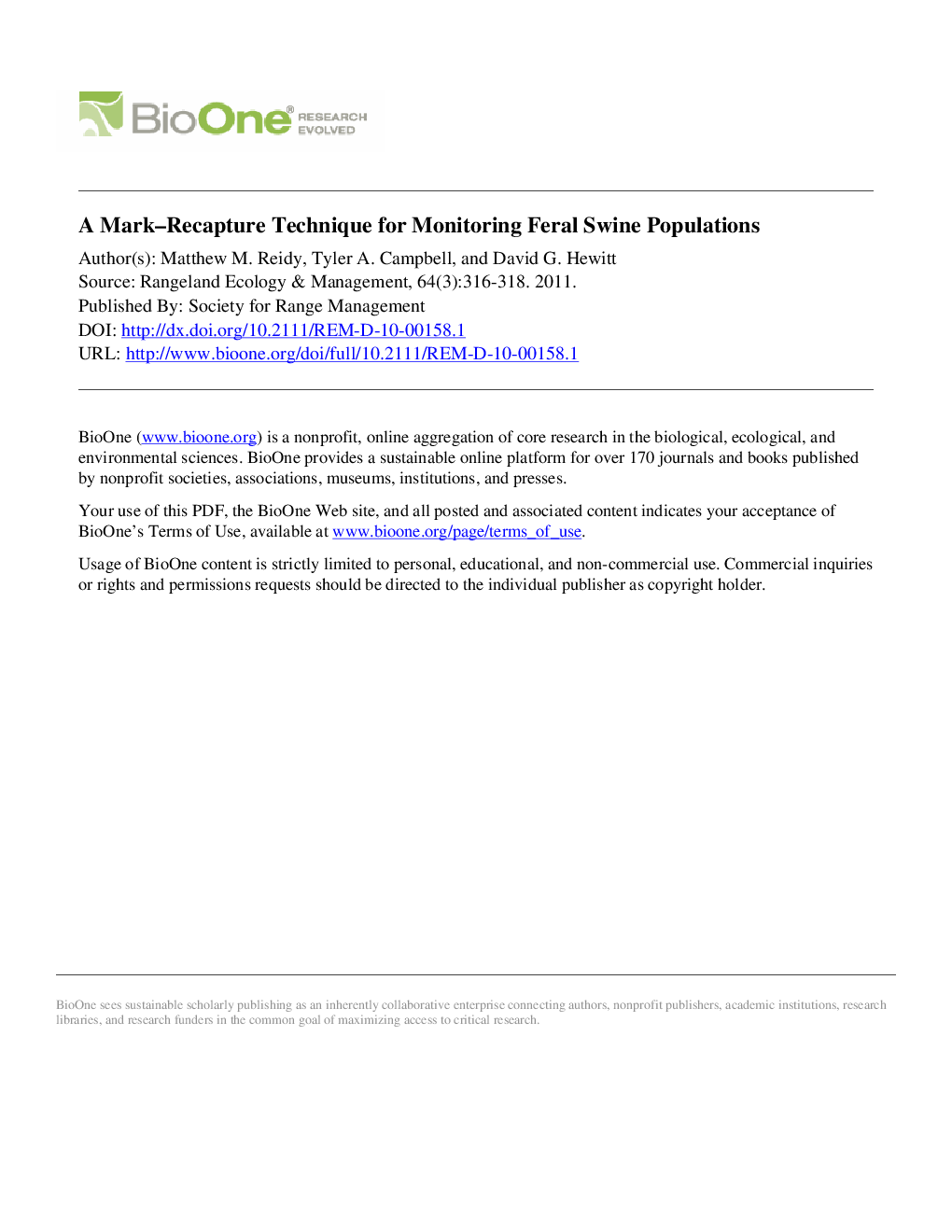 A Mark-Recapture Technique for Monitoring Feral Swine Populations