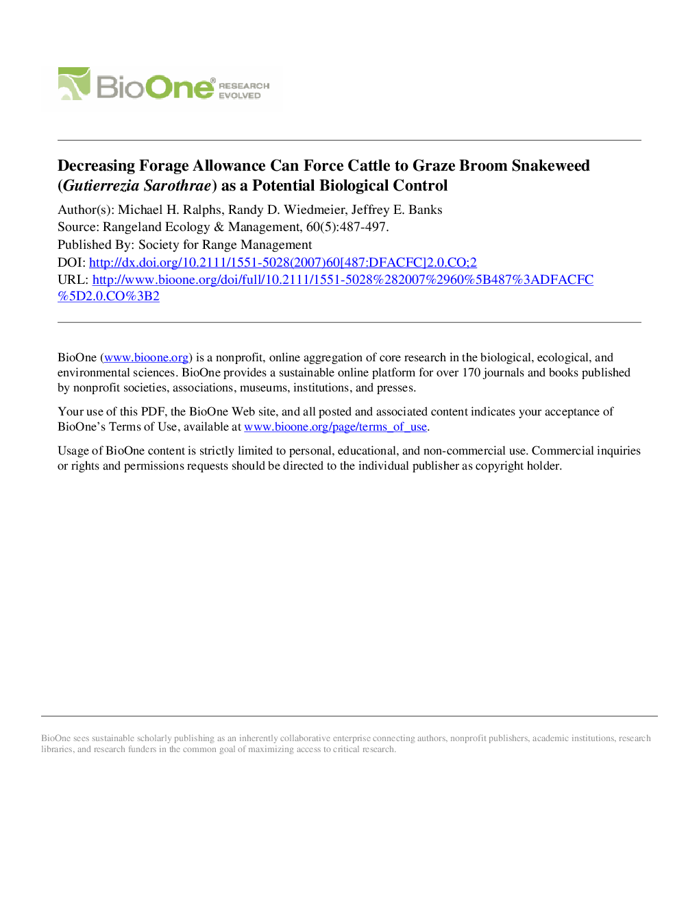 Decreasing Forage Allowance Can Force Cattle to Graze Broom Snakeweed (Gutierrezia Sarothrae) as a Potential Biological Control