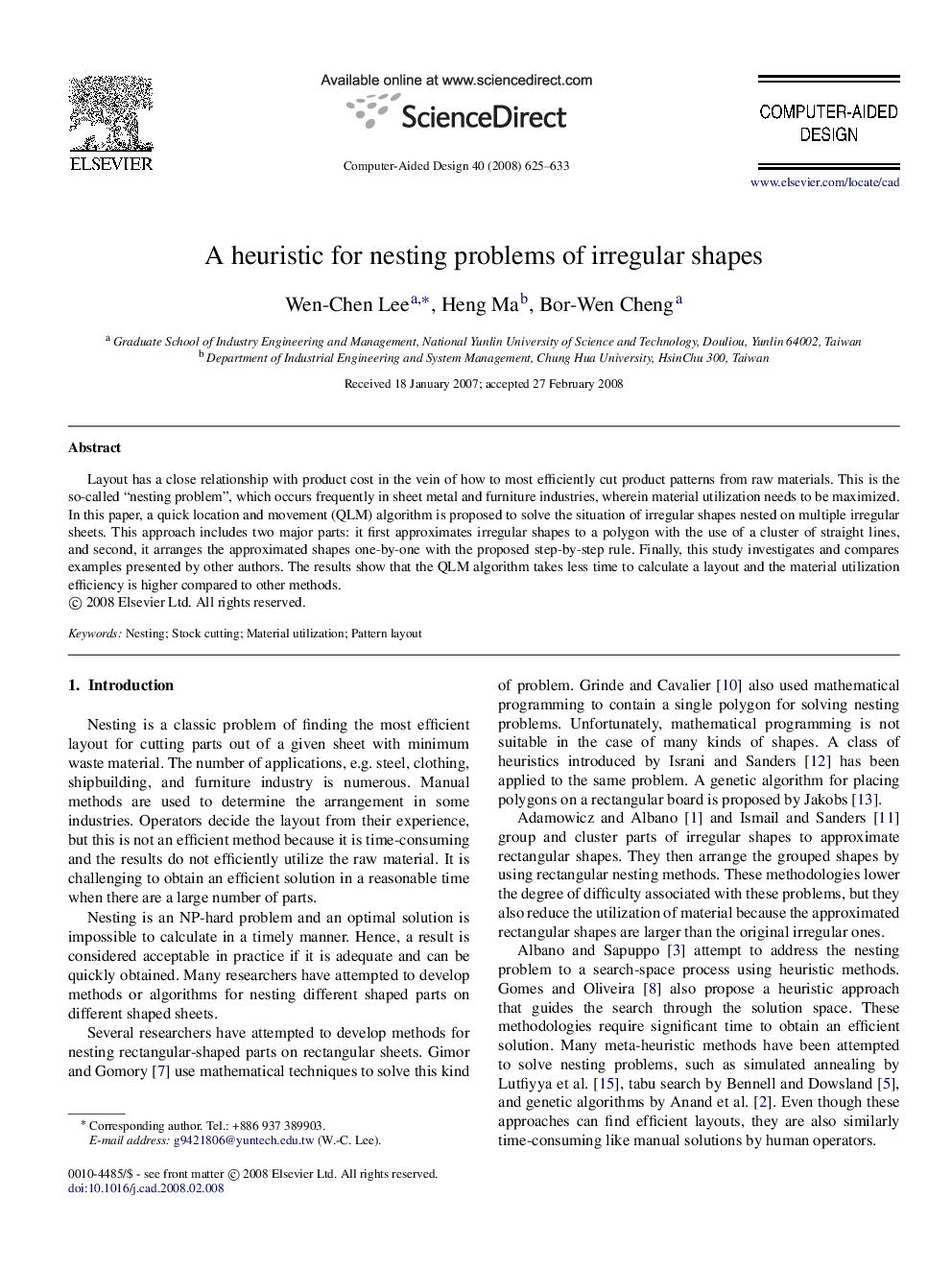 A heuristic for nesting problems of irregular shapes