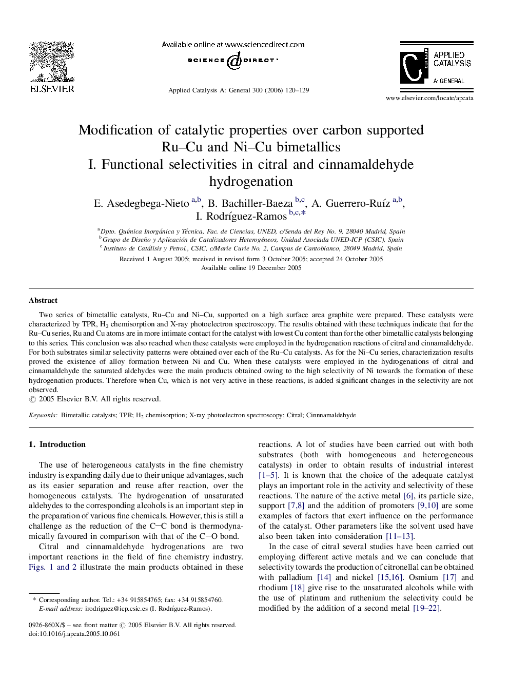 Modification of catalytic properties over carbon supported Ru–Cu and Ni–Cu bimetallics: I. Functional selectivities in citral and cinnamaldehyde hydrogenation