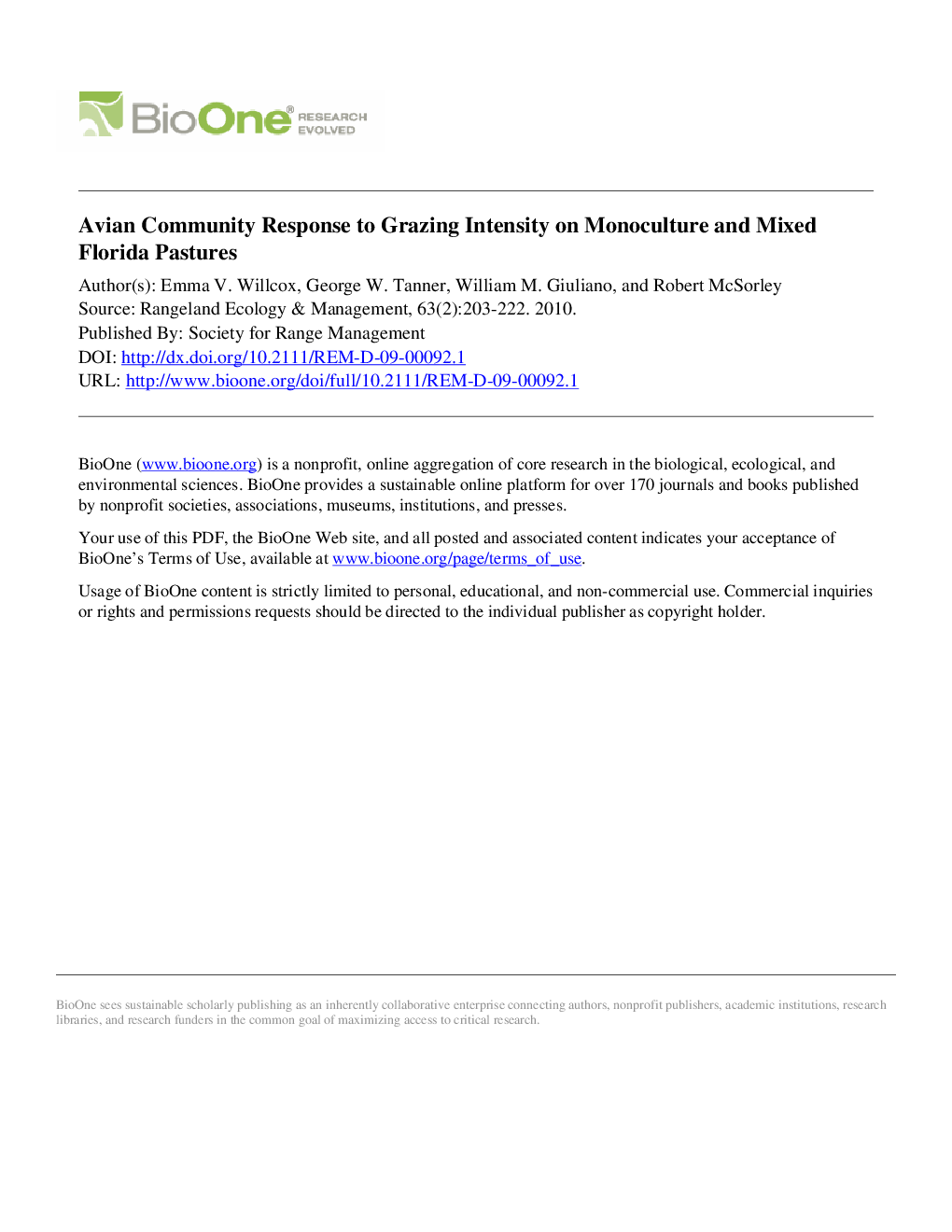 Avian Community Response to Grazing Intensity on Monoculture and Mixed Florida Pastures