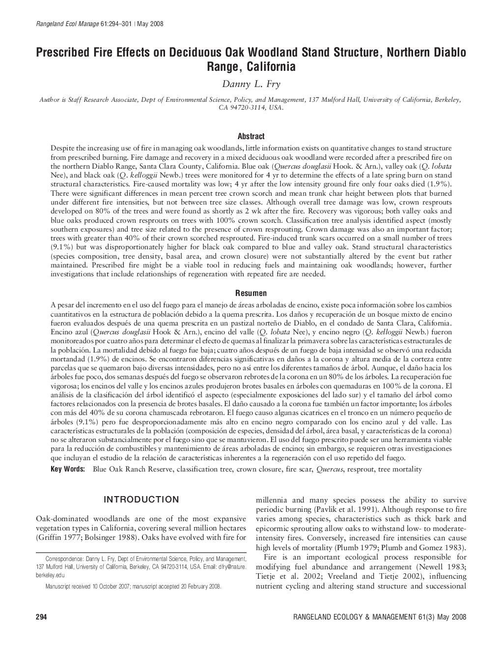 Prescribed Fire Effects on Deciduous Oak Woodland Stand Structure, Northern Diablo Range, California