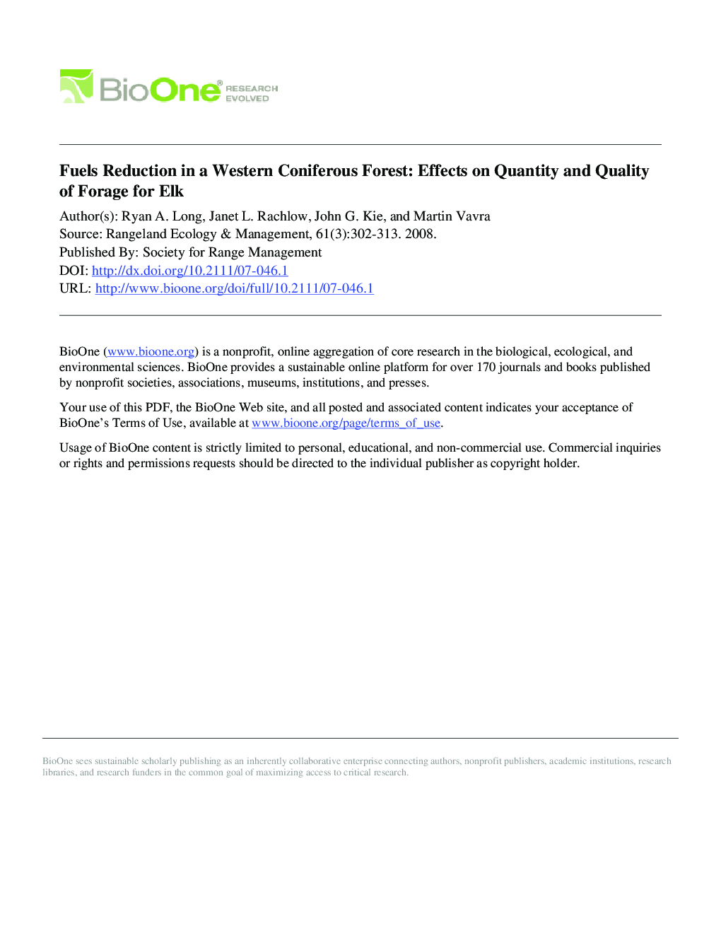 Fuels Reduction in a Western Coniferous Forest: Effects on Quantity and Quality of Forage for Elk