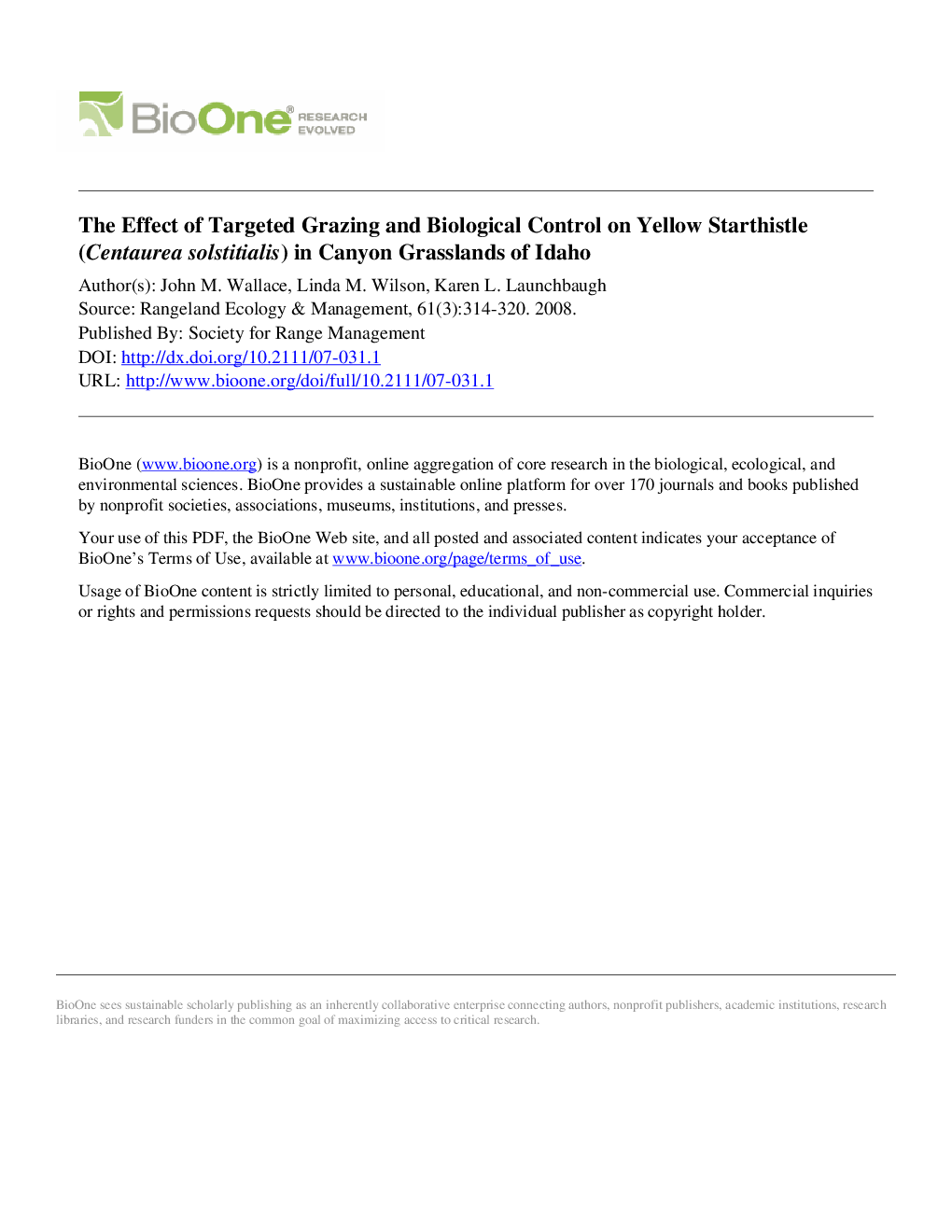 The Effect of Targeted Grazing and Biological Control on Yellow Starthistle (Centaurea solstitialis) in Canyon Grasslands of Idaho