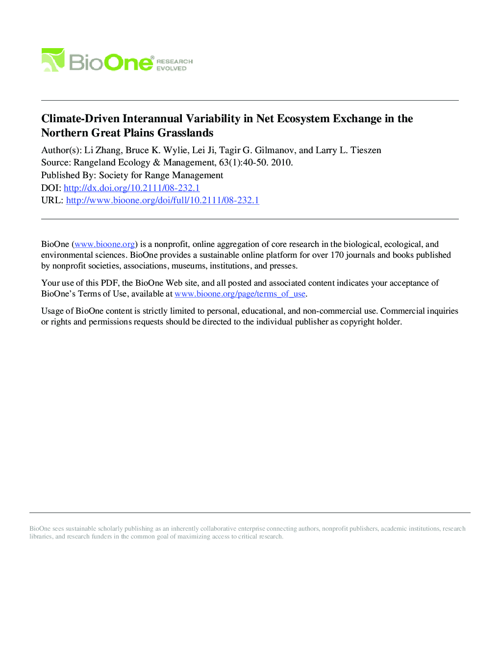 Climate-Driven Interannual Variability in Net Ecosystem Exchange in the Northern Great Plains Grasslands