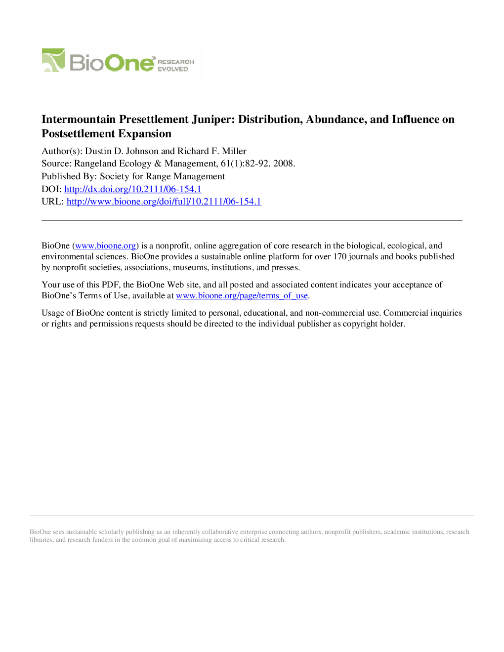 Intermountain Presettlement Juniper: Distribution, Abundance, and Influence on Postsettlement Expansion