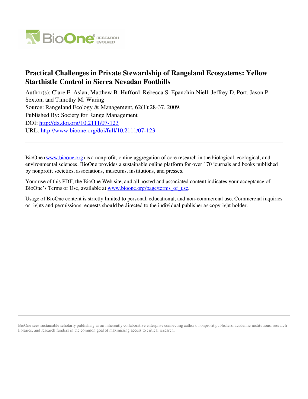 Practical Challenges in Private Stewardship of Rangeland Ecosystems: Yellow Starthistle Control in Sierra Nevadan Foothills