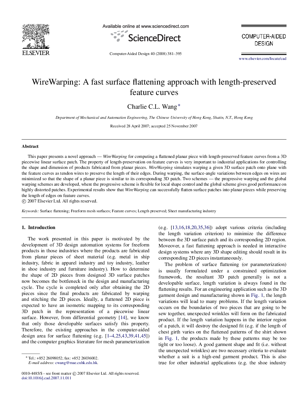 WireWarping: A fast surface flattening approach with length-preserved feature curves