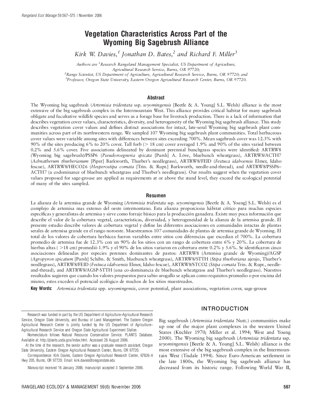 Vegetation Characteristics Across Part of the Wyoming Big Sagebrush Alliance