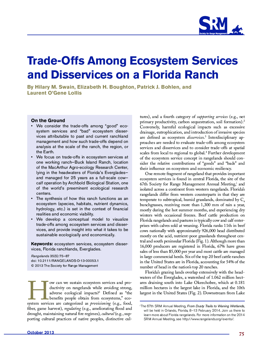 Trade-Offs Among Ecosystem Services and Disservices on a Florida Ranch