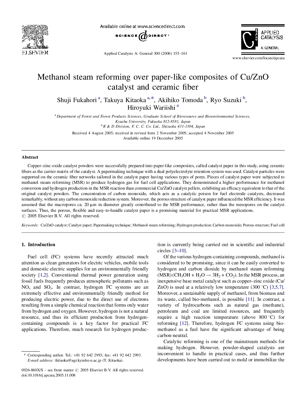 Methanol steam reforming over paper-like composites of Cu/ZnO catalyst and ceramic fiber