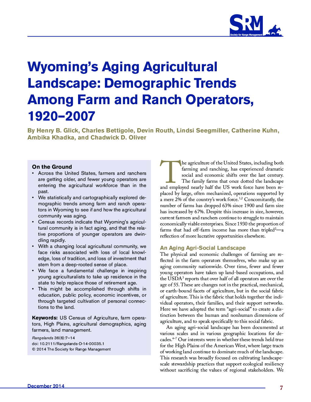 Wyoming's Aging Agricultural Landscape: Demographic Trends Among Farm and Ranch Operators, 1920-2007