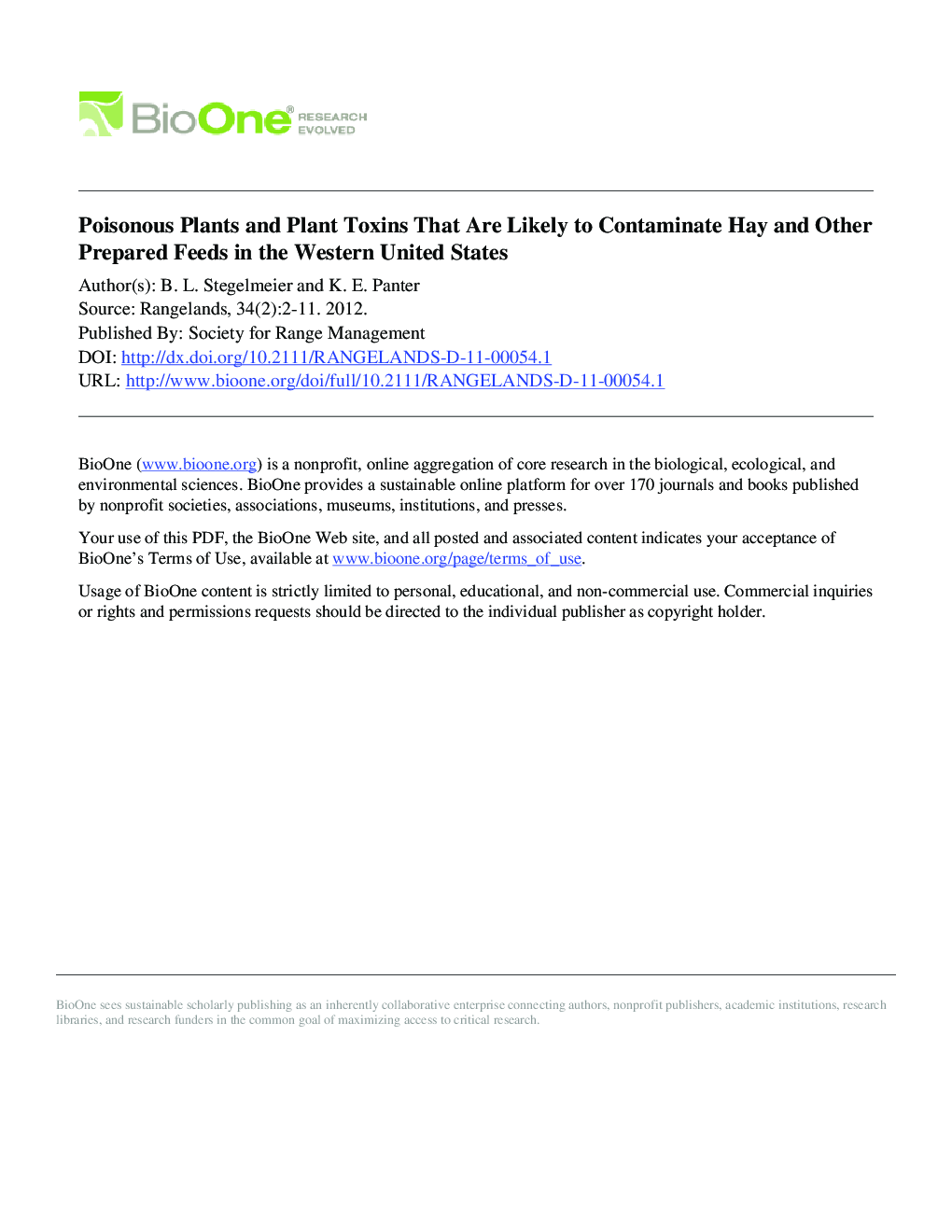 Poisonous Plants and Plant Toxins that are Likely to Contaminate Hay and Other Prepared Feeds in the Western United States