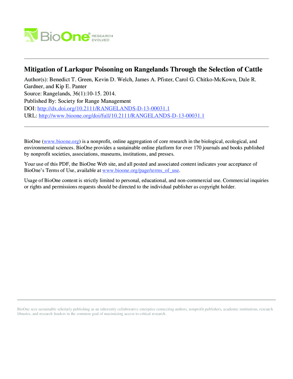 Mitigation of Larkspur Poisoning on Rangelands Through the Selection of Cattle