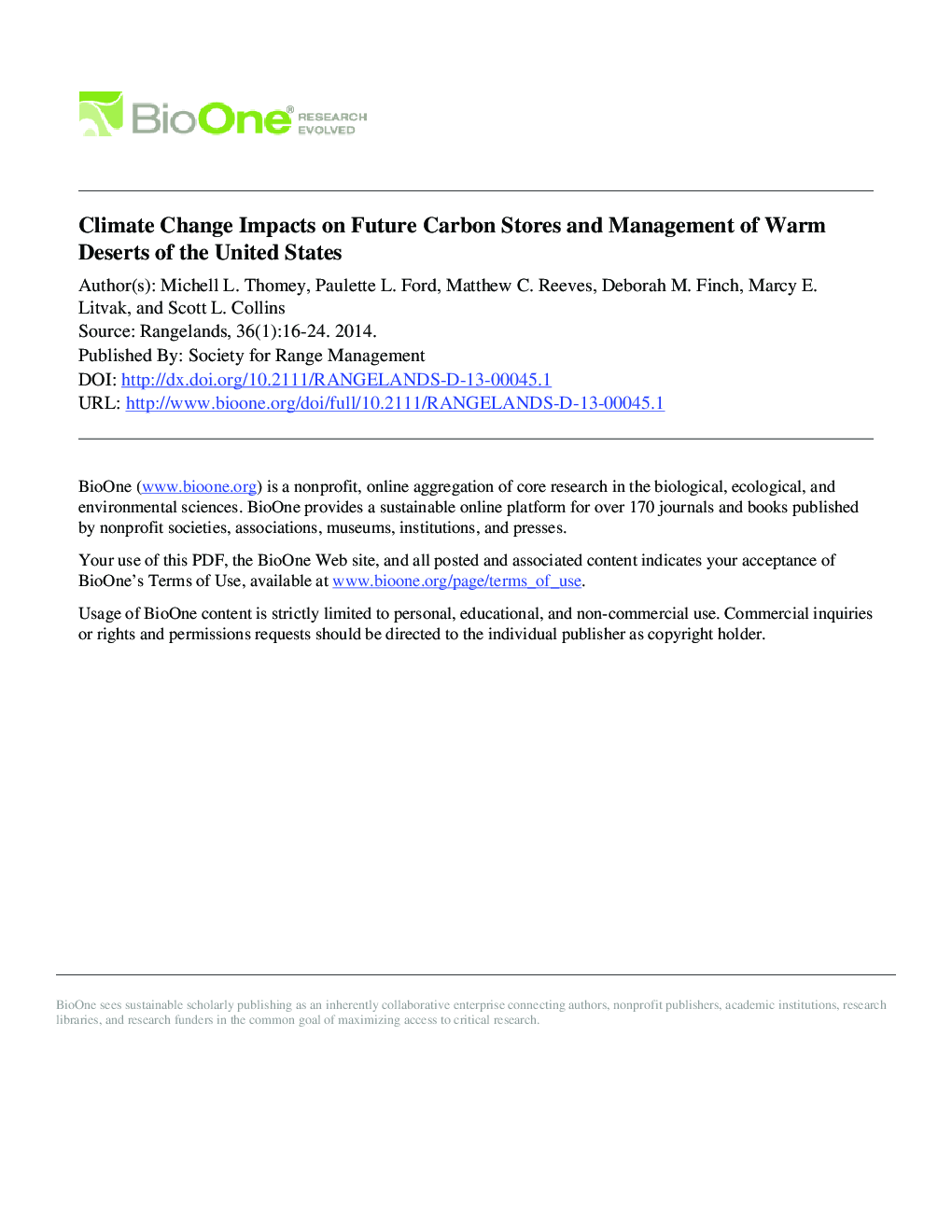 Climate Change Impacts on Future Carbon Stores and Management of Warm Deserts of the United States