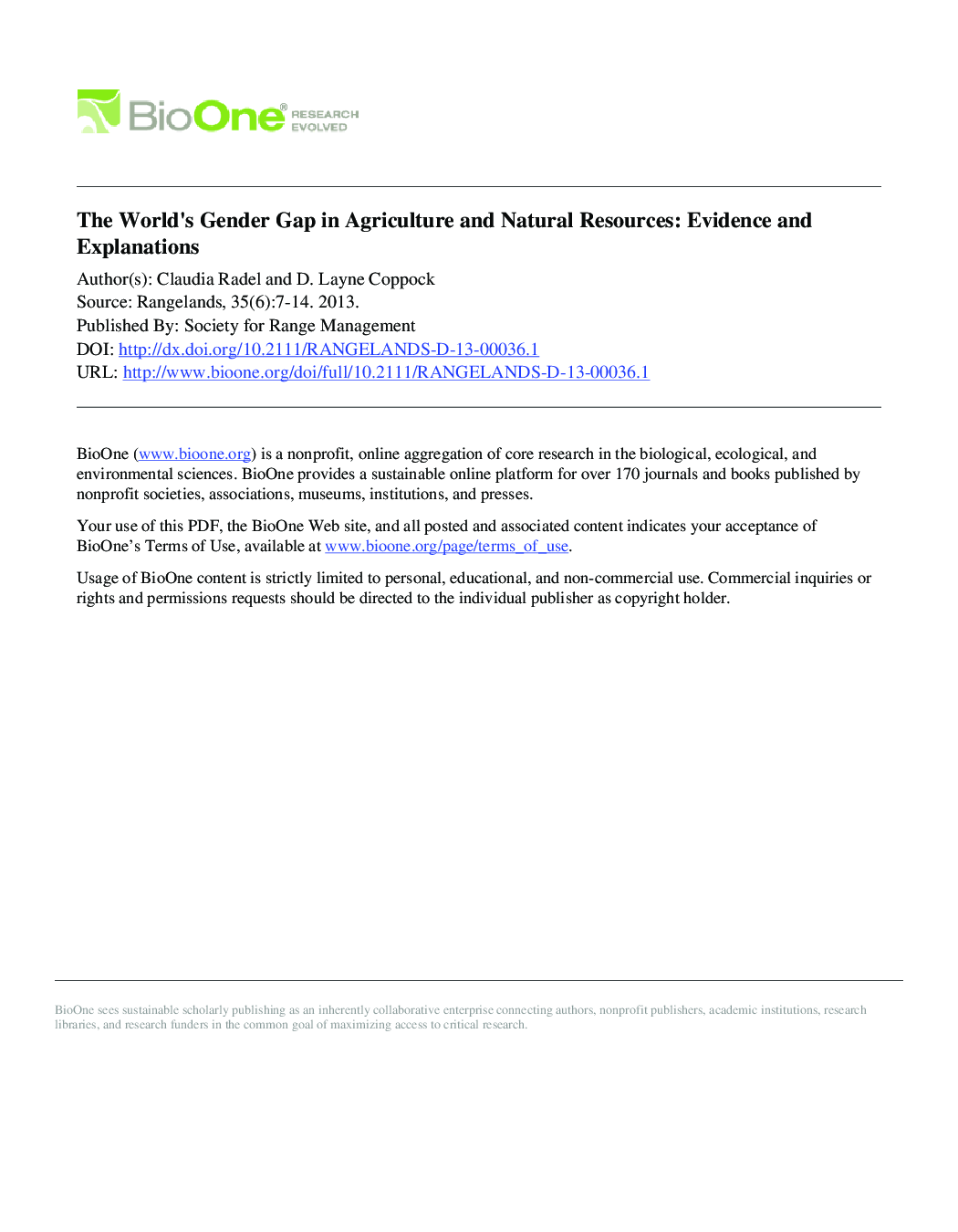 The World's Gender Gap in Agriculture and Natural Resources: Evidence and Explanations