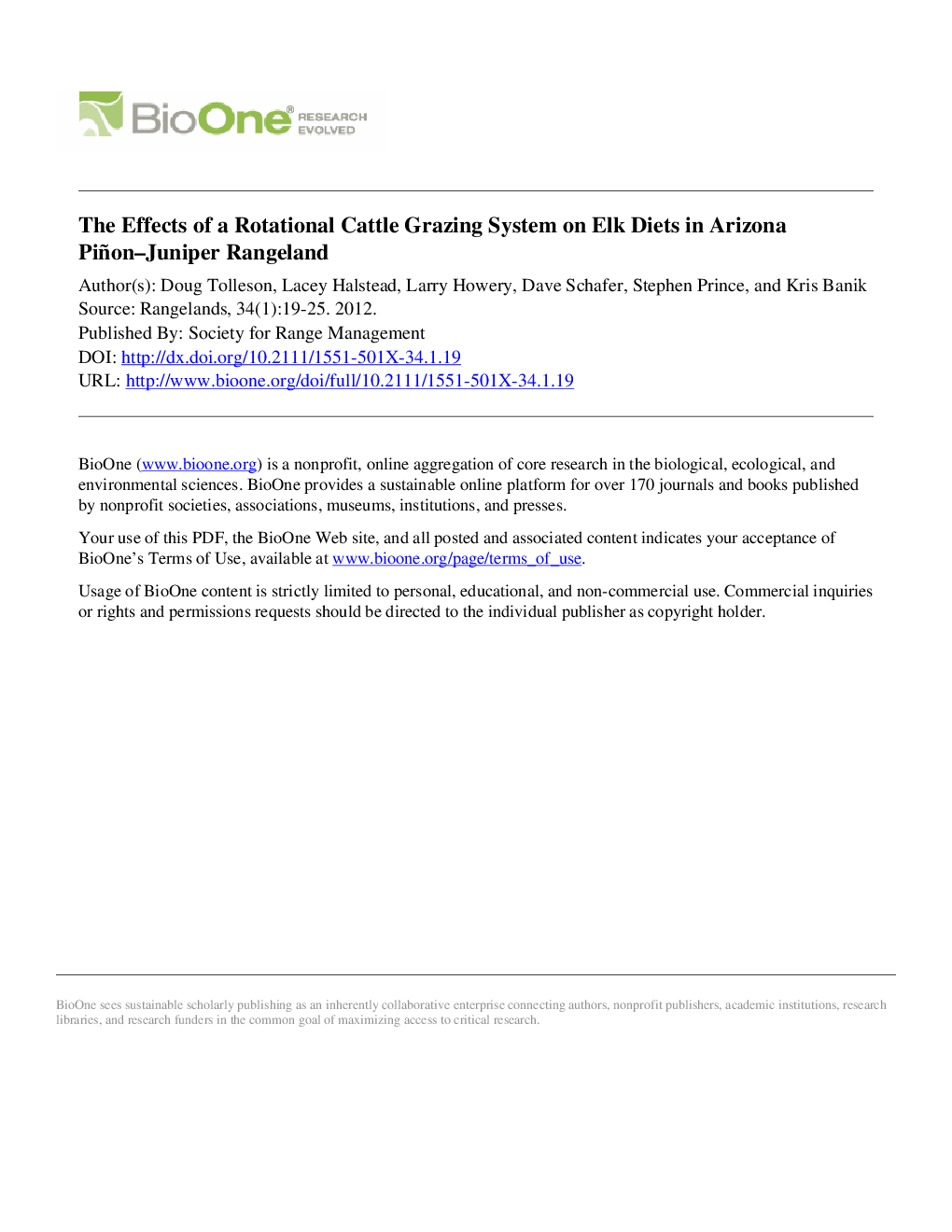 عکس صفحه اول مقاله: The Effects of a Rotational Cattle Grazing System on Elk Diets in Arizona Piñon-Juniper Rangeland The Effects of a Rotational Cattle Grazing System on Elk Diets in Arizona Piñon-Juniper Rangeland