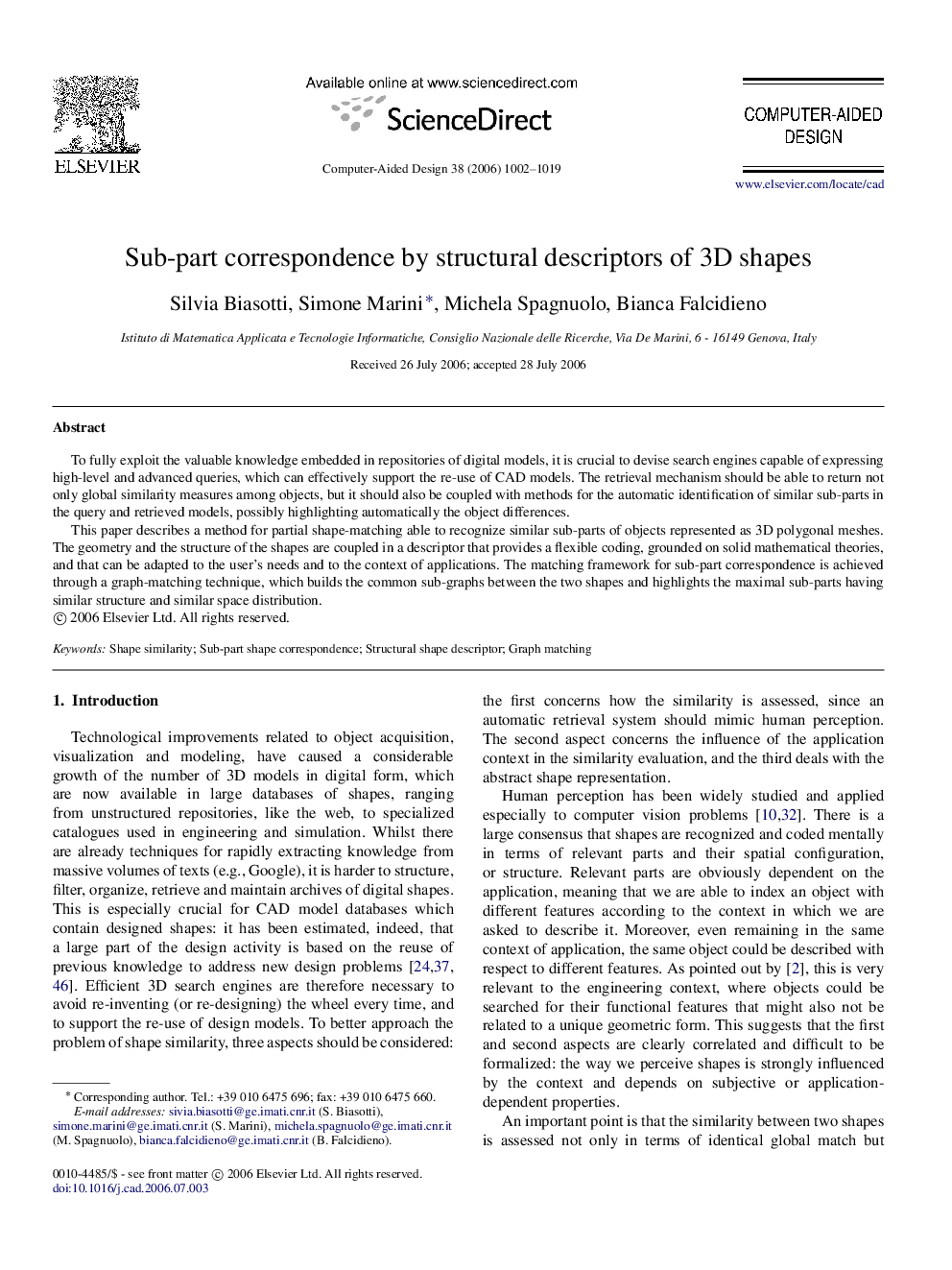 Sub-part correspondence by structural descriptors of 3D shapes