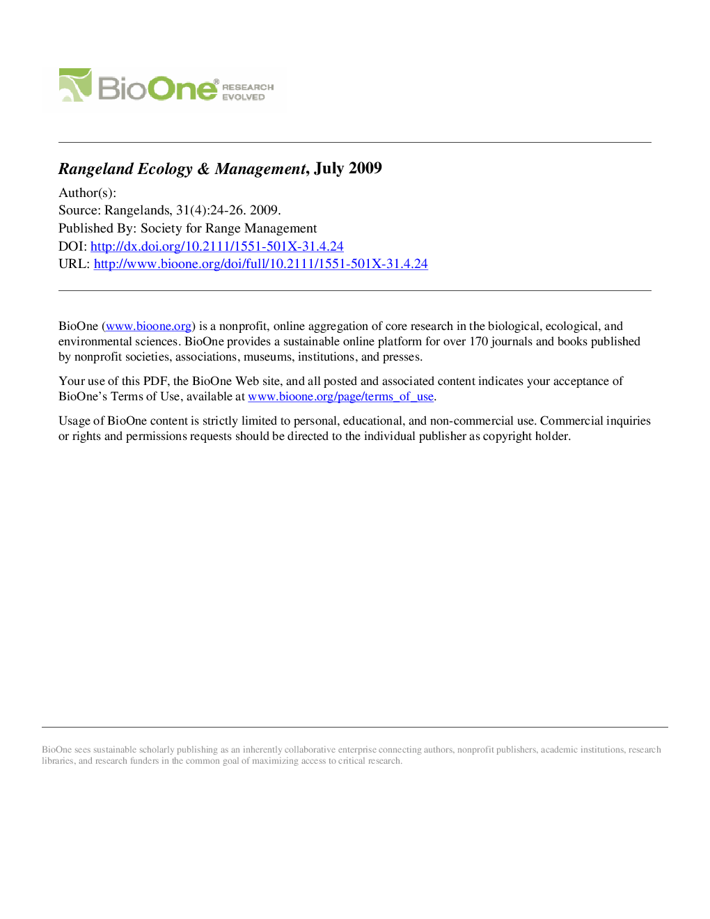 Highlights: Rangeland Ecology & Management, July 2009
