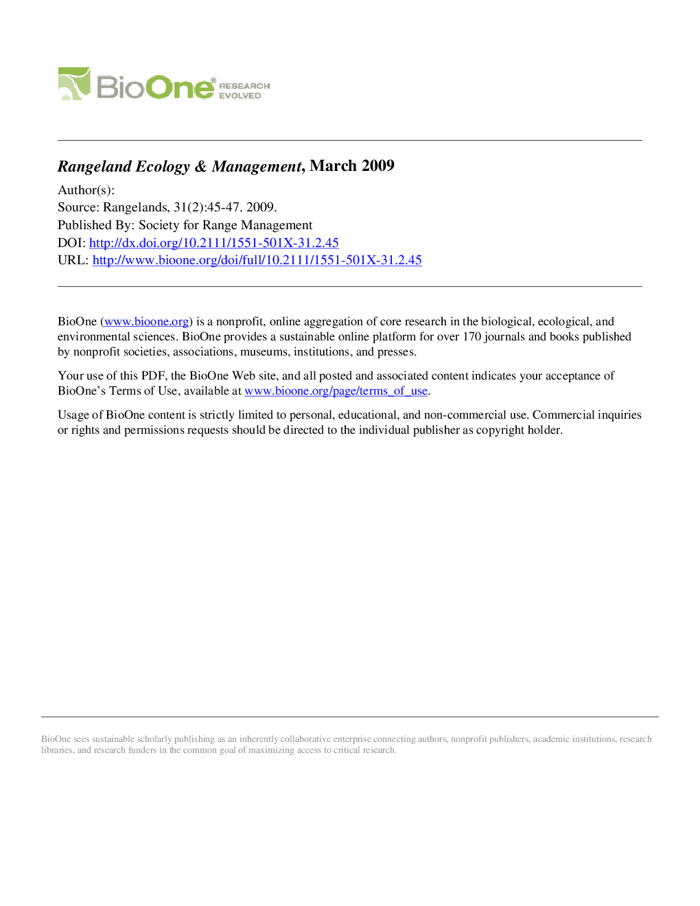 Highlights: Rangeland Ecology & Management, March 2009