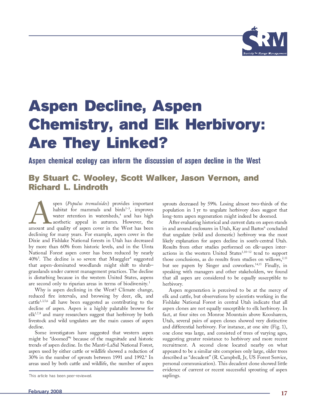 Aspen Decline, Aspen Chemistry, and Elk Herbivory: Are They Linked?