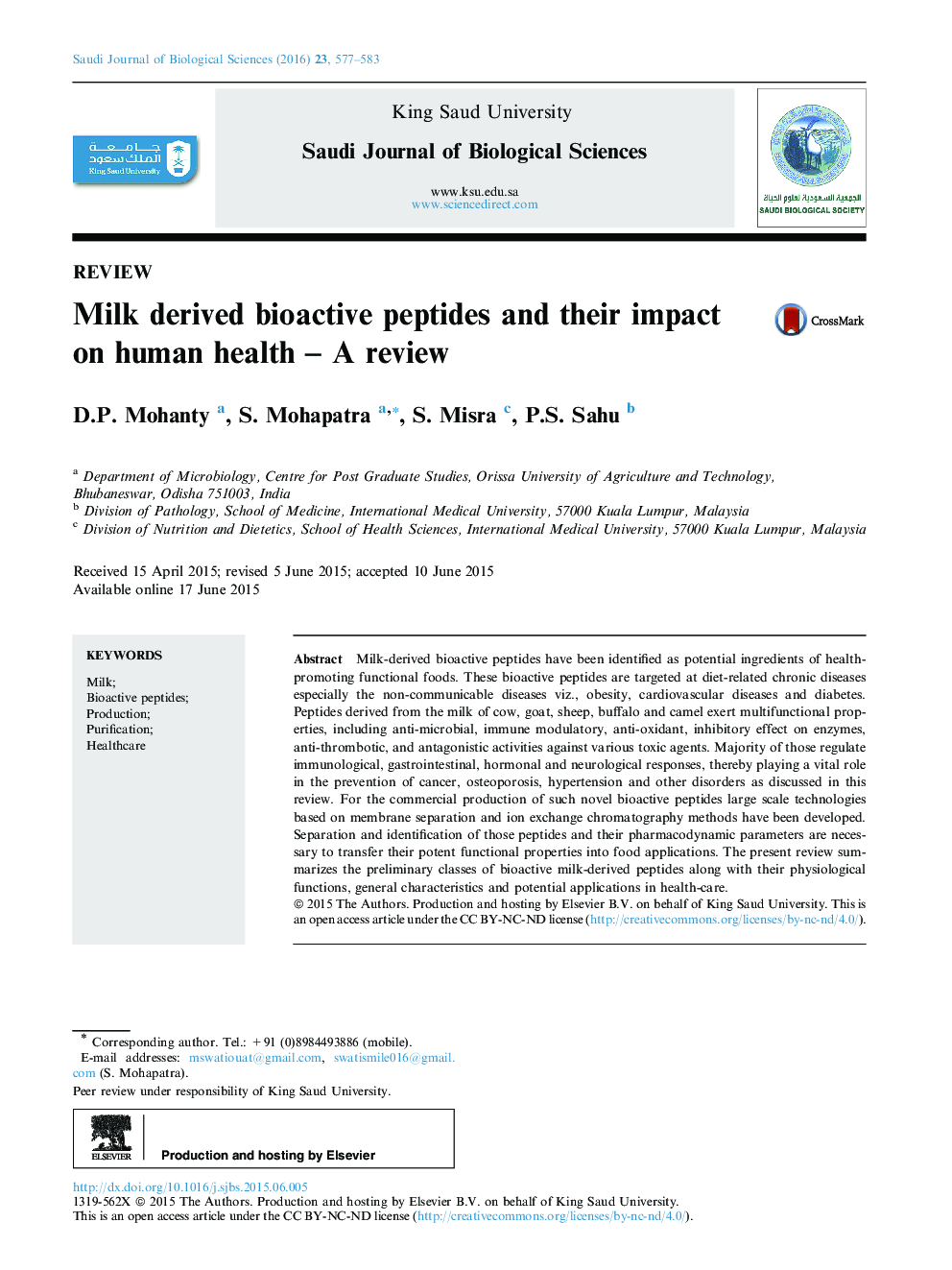 Milk derived bioactive peptides and their impact on human health – A review 