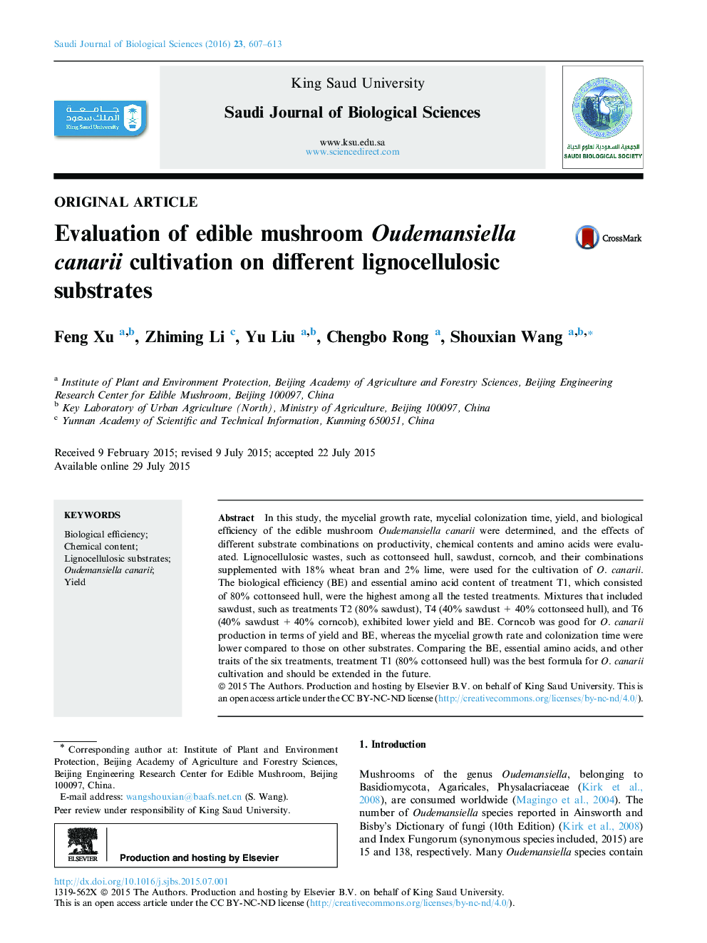 Evaluation of edible mushroom Oudemansiella canarii cultivation on different lignocellulosic substrates 