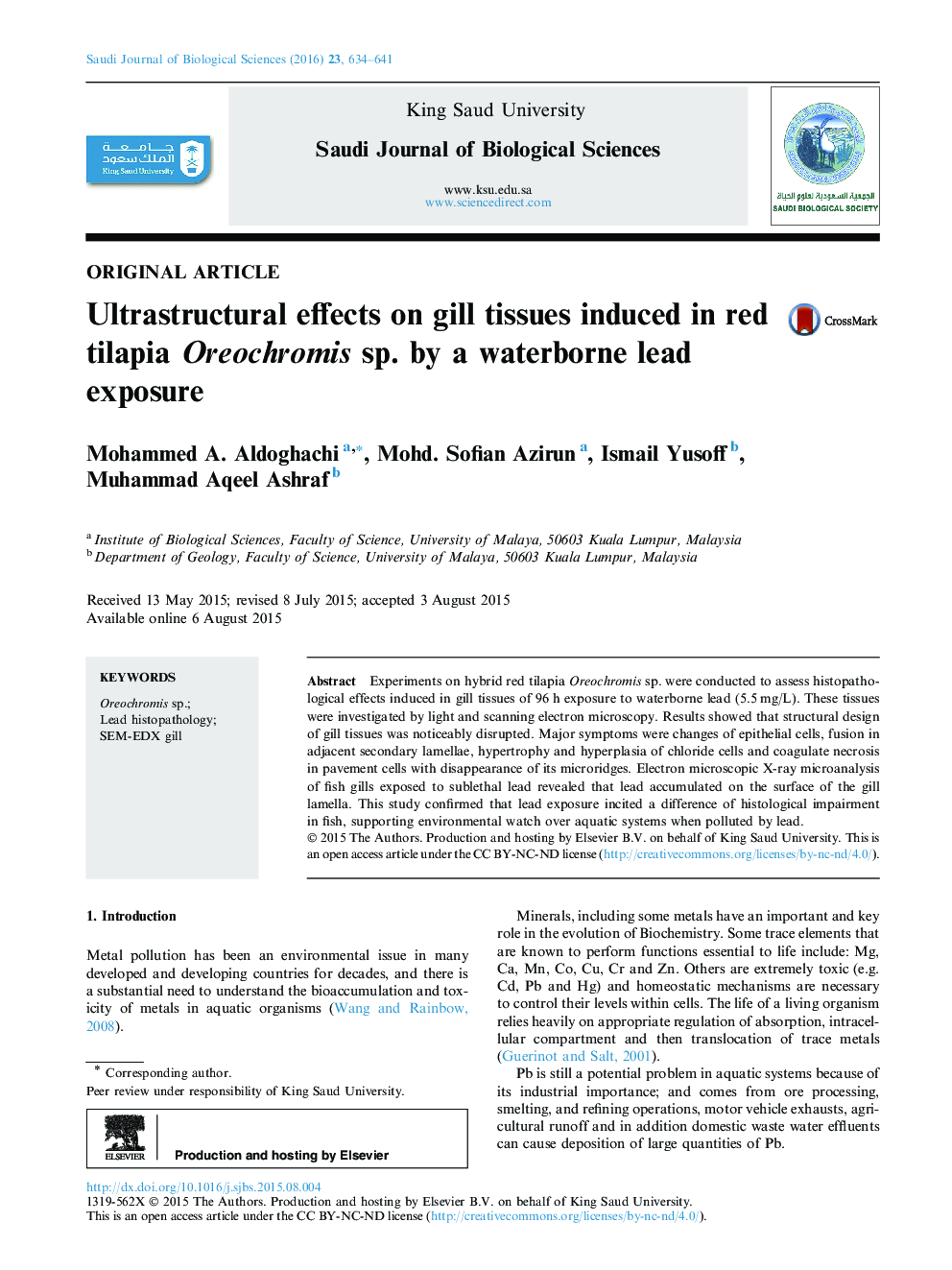 Ultrastructural effects on gill tissues induced in red tilapia Oreochromis sp. by a waterborne lead exposure 