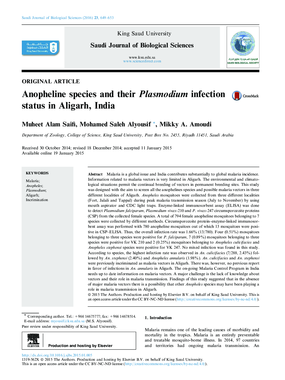 Anopheline species and their Plasmodium infection status in Aligarh, India 