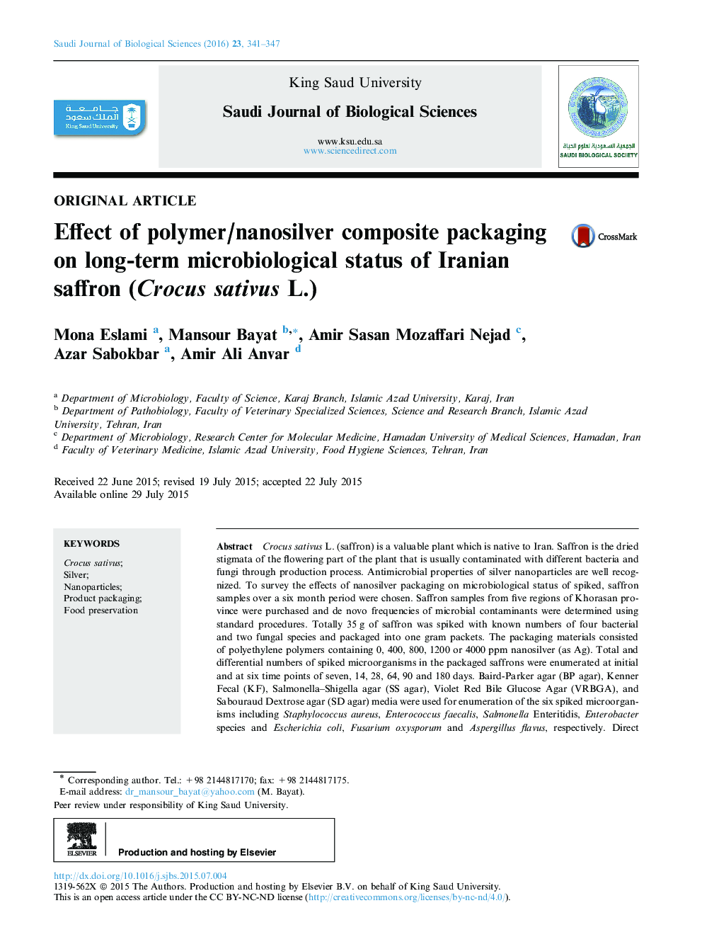 Effect of polymer/nanosilver composite packaging on long-term microbiological status of Iranian saffron (Crocus sativus L.) 