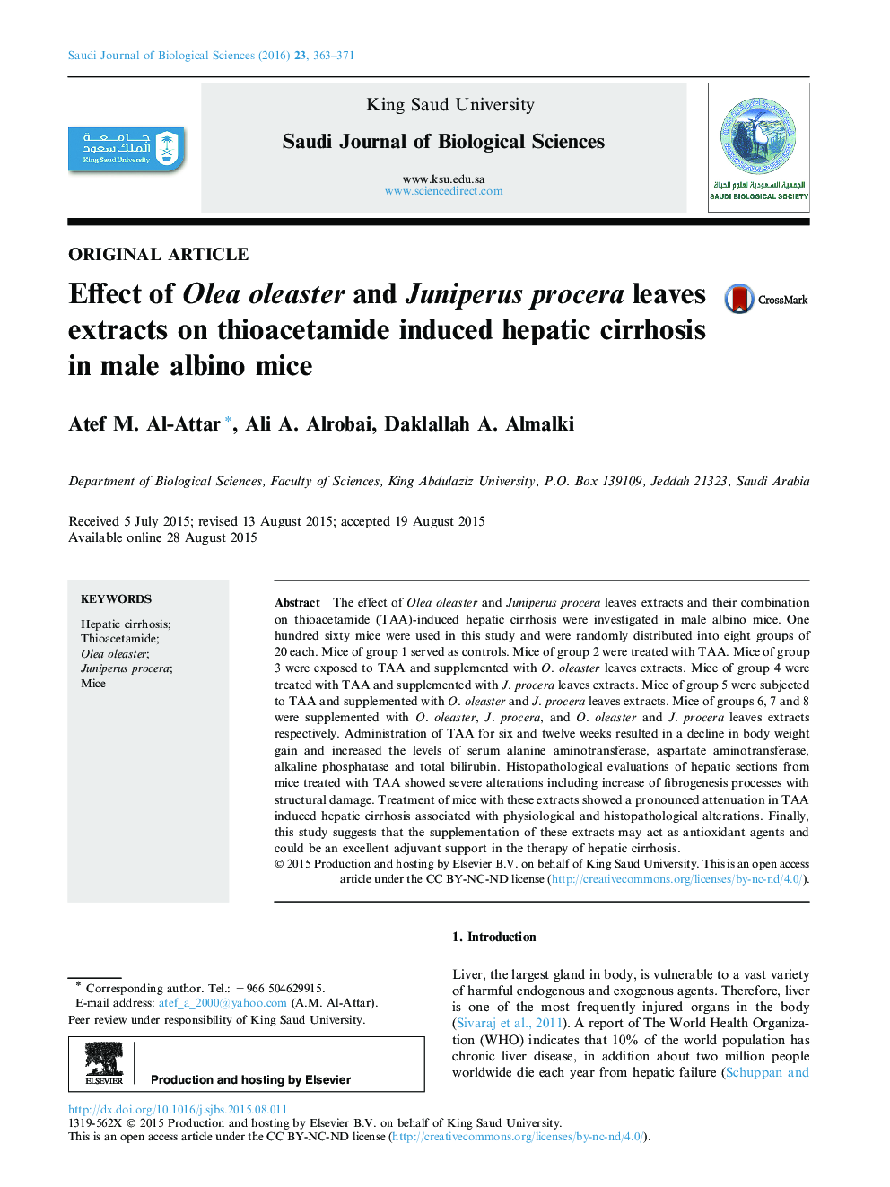 Effect of Olea oleaster and Juniperus procera leaves extracts on thioacetamide induced hepatic cirrhosis in male albino mice 