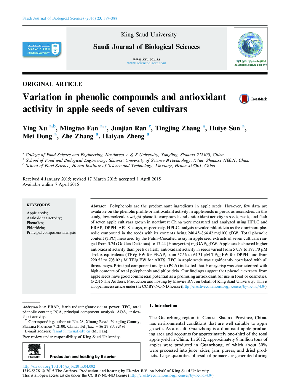 Variation in phenolic compounds and antioxidant activity in apple seeds of seven cultivars 