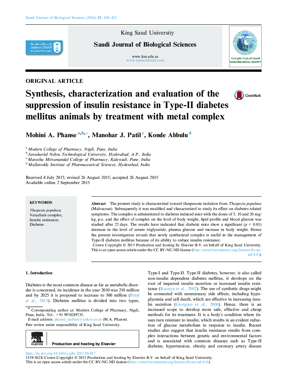 Synthesis, characterization and evaluation of the suppression of insulin resistance in Type-II diabetes mellitus animals by treatment with metal complex 