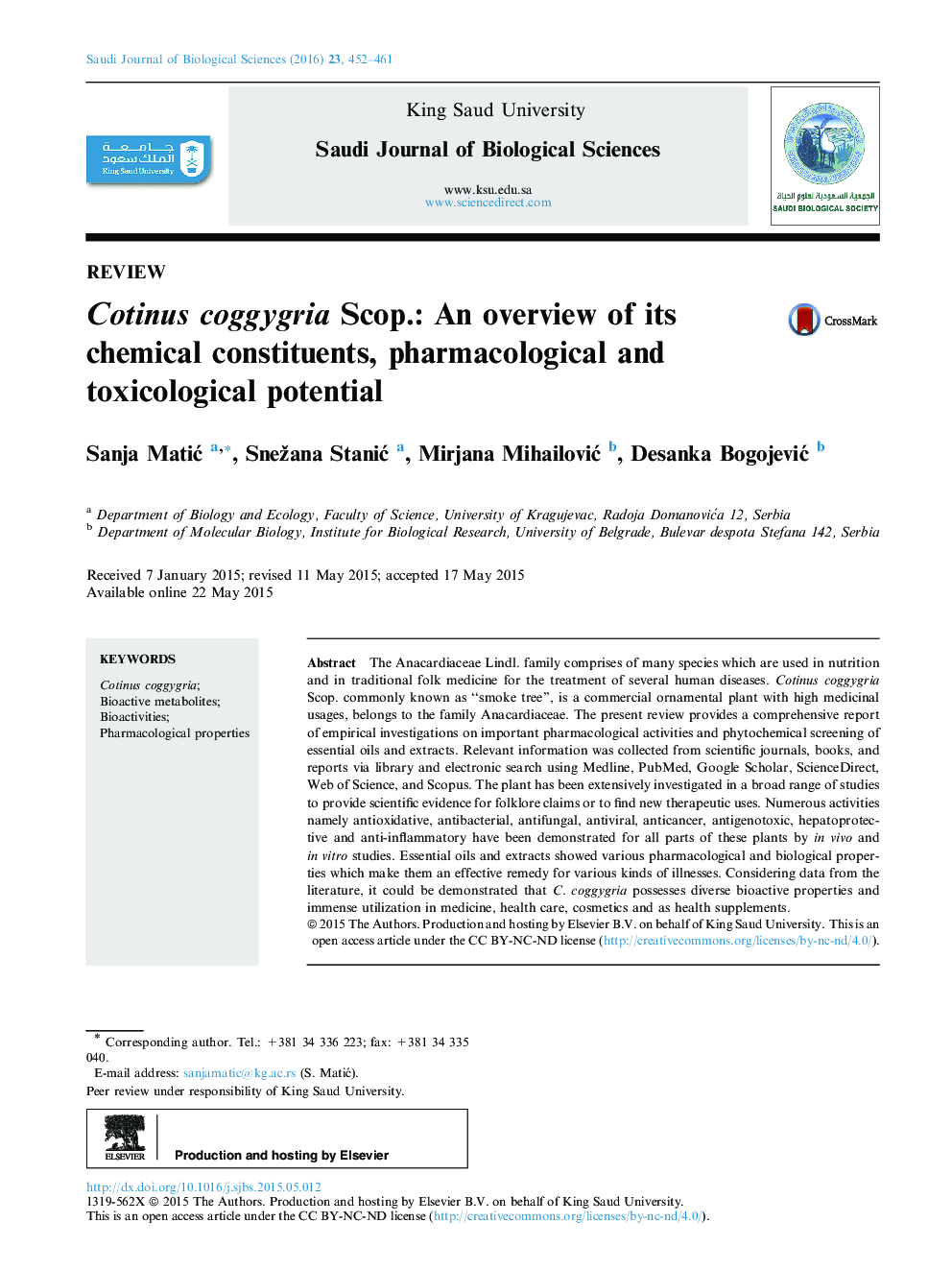 Cotinus coggygria Scop.: An overview of its chemical constituents, pharmacological and toxicological potential 