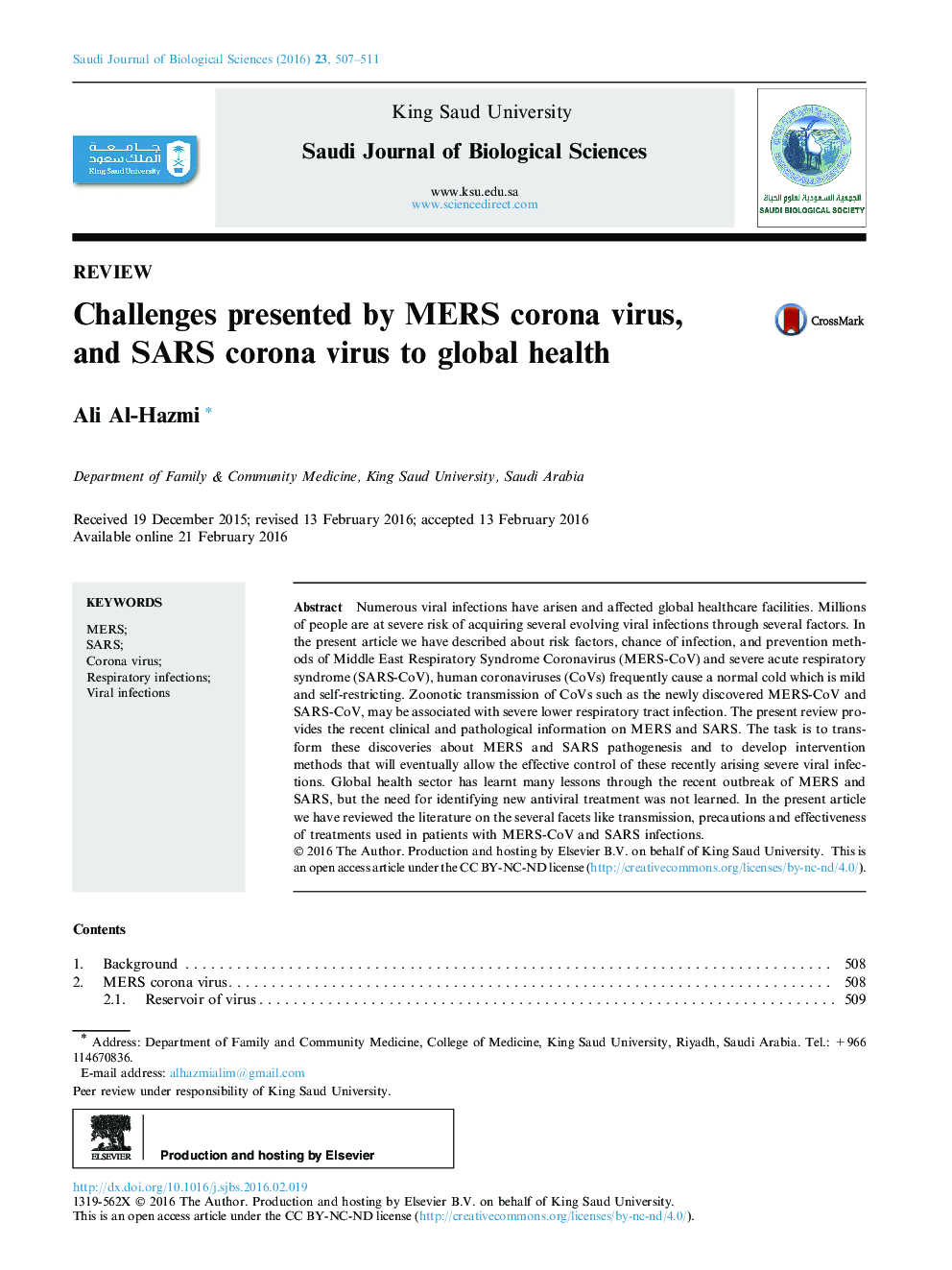 چالش های ارائه شده توسط ویروس کرونا MERS و ویروس سارس قرمز به سلامت جهانی