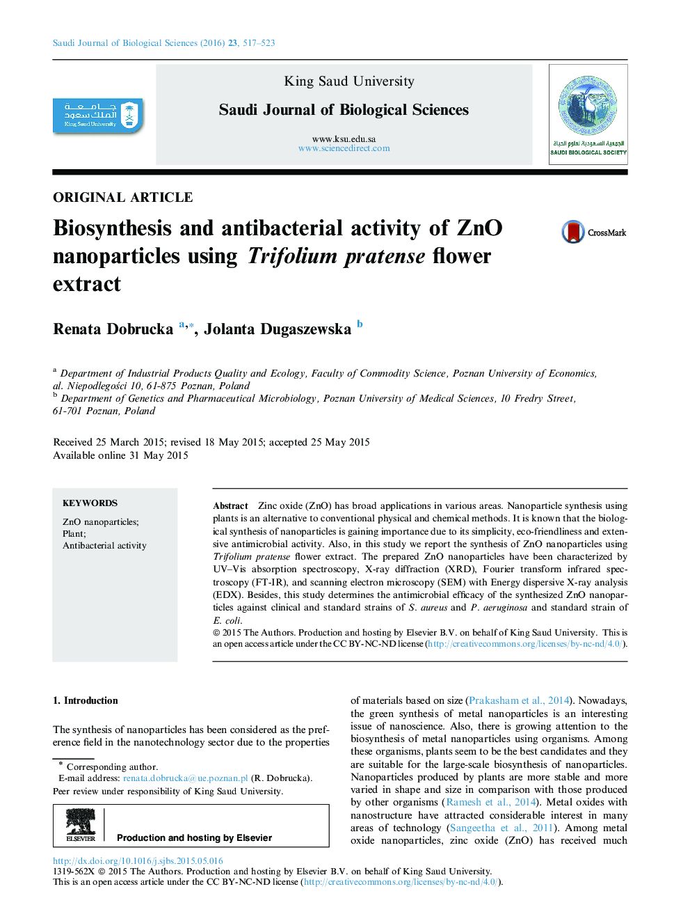 Biosynthesis and antibacterial activity of ZnO nanoparticles using Trifolium pratense flower extract