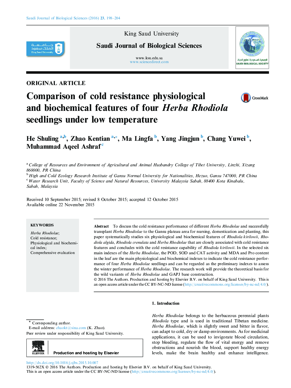 Comparison of cold resistance physiological and biochemical features of four Herba Rhodiola seedlings under low temperature