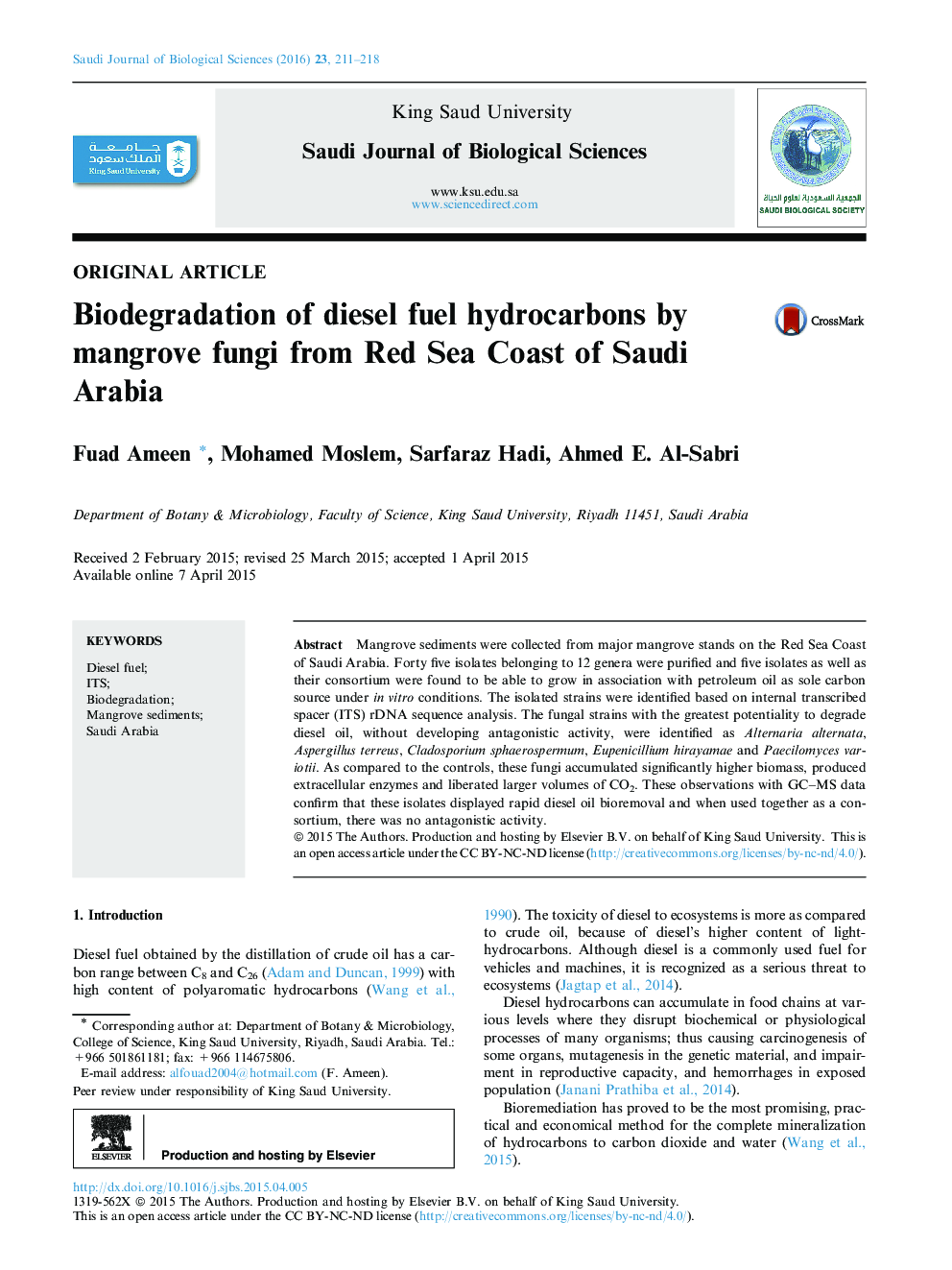 Biodegradation of diesel fuel hydrocarbons by mangrove fungi from Red Sea Coast of Saudi Arabia 