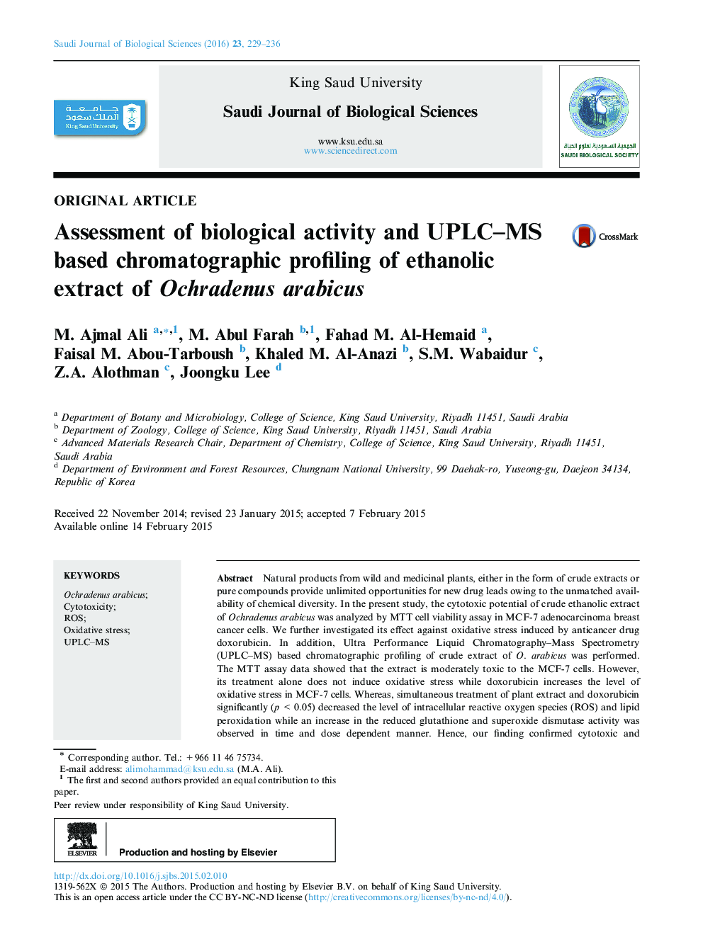 Assessment of biological activity and UPLC–MS based chromatographic profiling of ethanolic extract of Ochradenus arabicus 