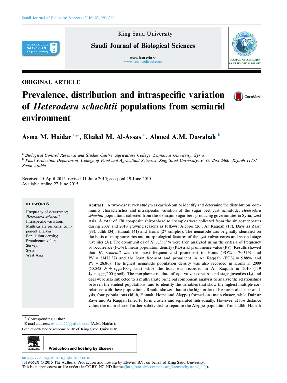 Prevalence, distribution and intraspecific variation of Heterodera schachtii populations from semiarid environment 