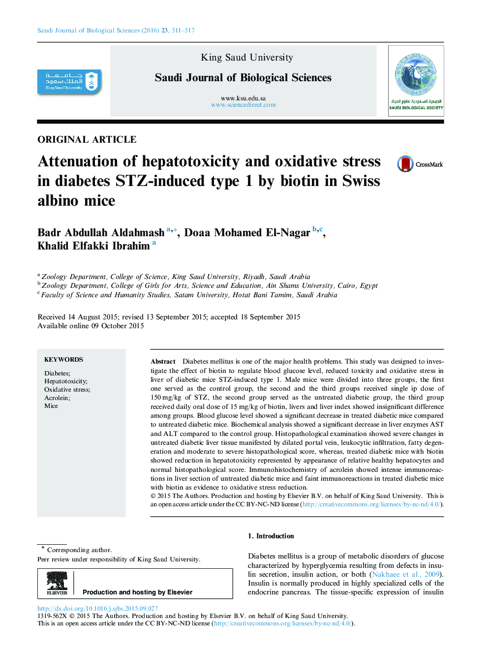 Attenuation of hepatotoxicity and oxidative stress in diabetes STZ-induced type 1 by biotin in Swiss albino mice 