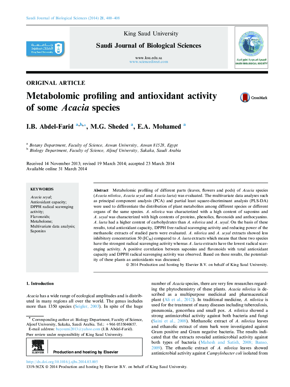Metabolomic profiling and antioxidant activity of some Acacia species 