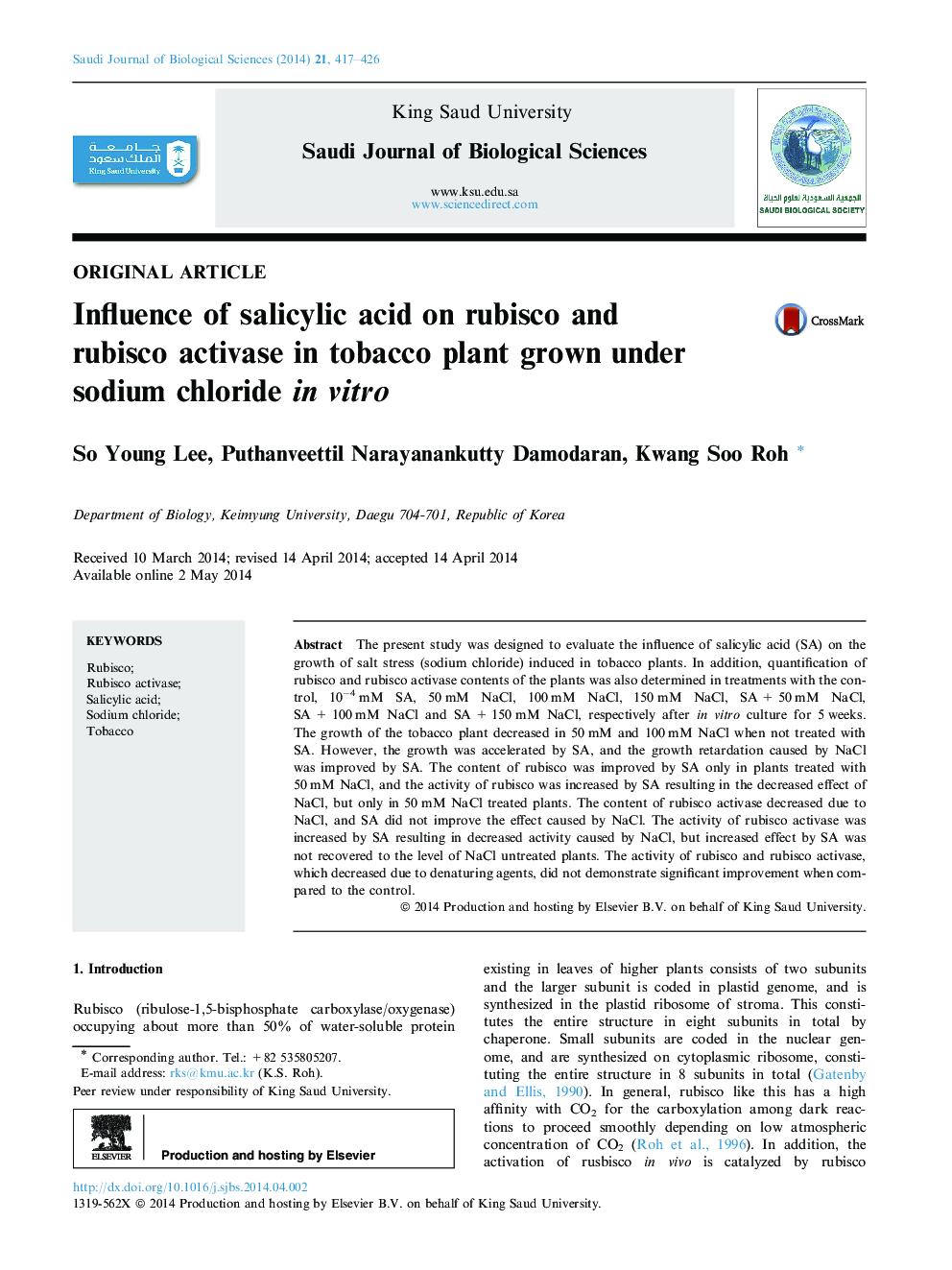 Influence of salicylic acid on rubisco and rubisco activase in tobacco plant grown under sodium chloride in vitro 
