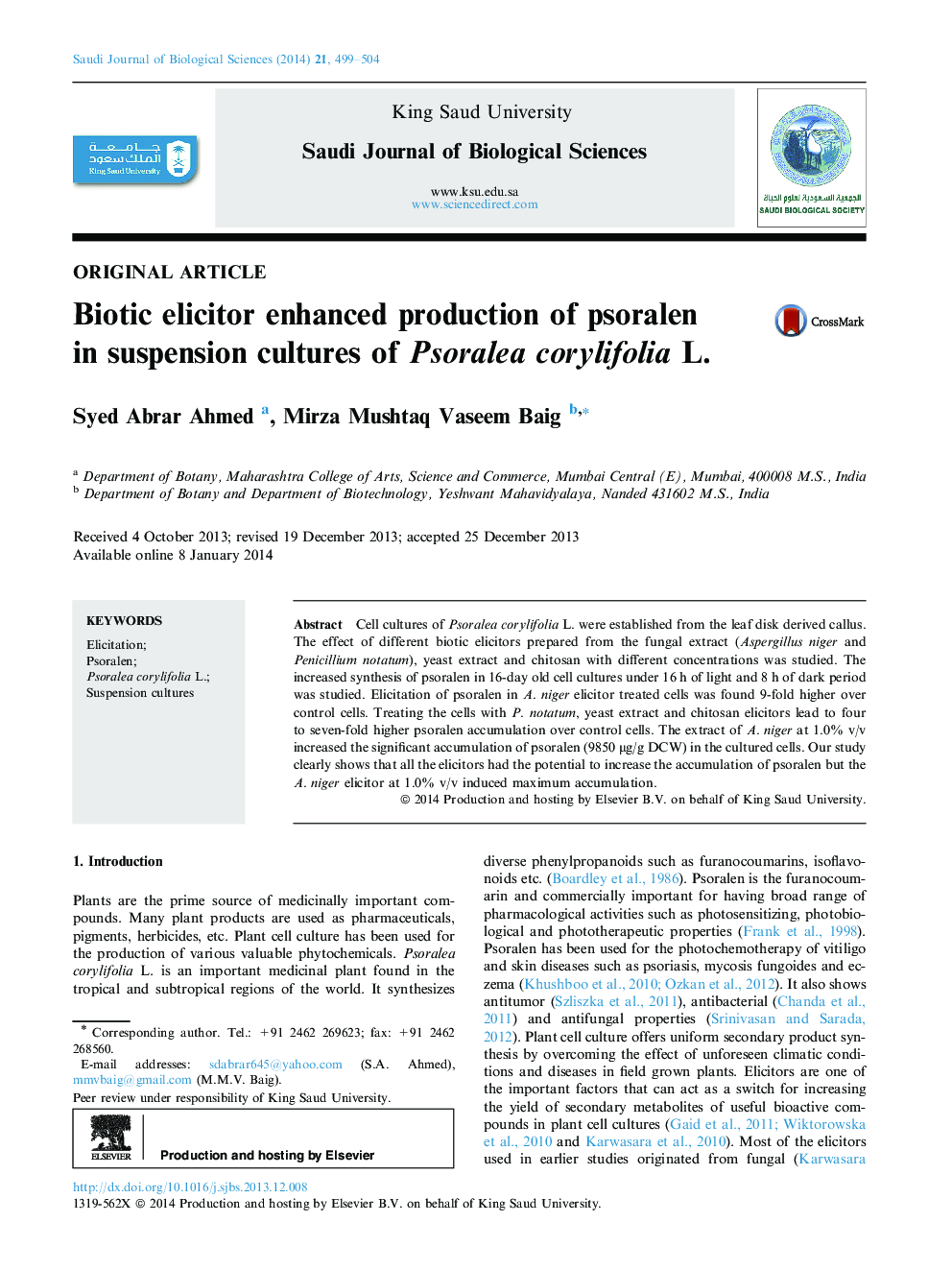 Biotic elicitor enhanced production of psoralen in suspension cultures of Psoralea corylifolia L. 