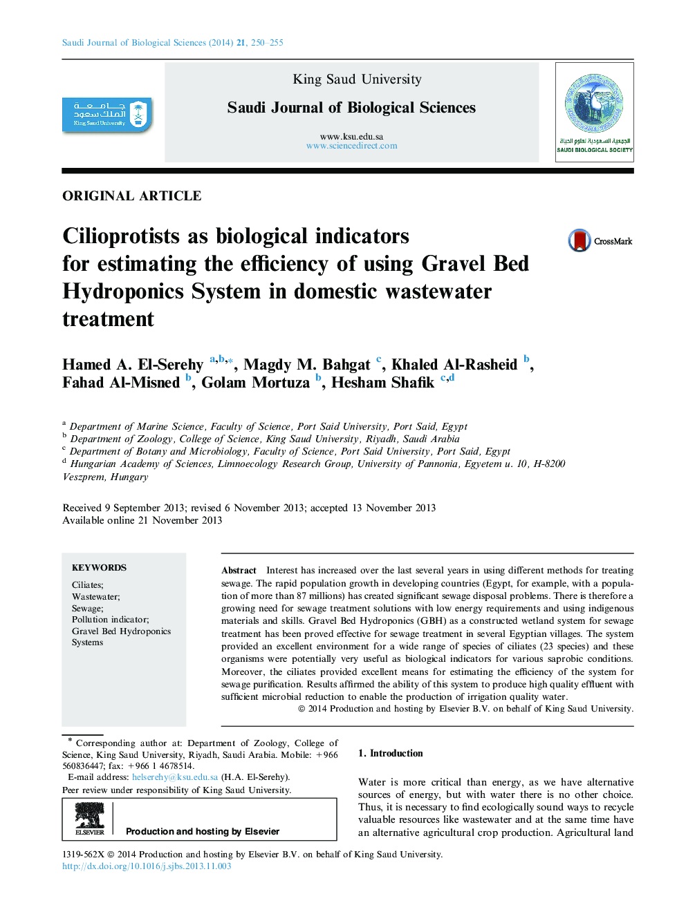 Cilioprotists as biological indicators for estimating the efficiency of using Gravel Bed Hydroponics System in domestic wastewater treatment 