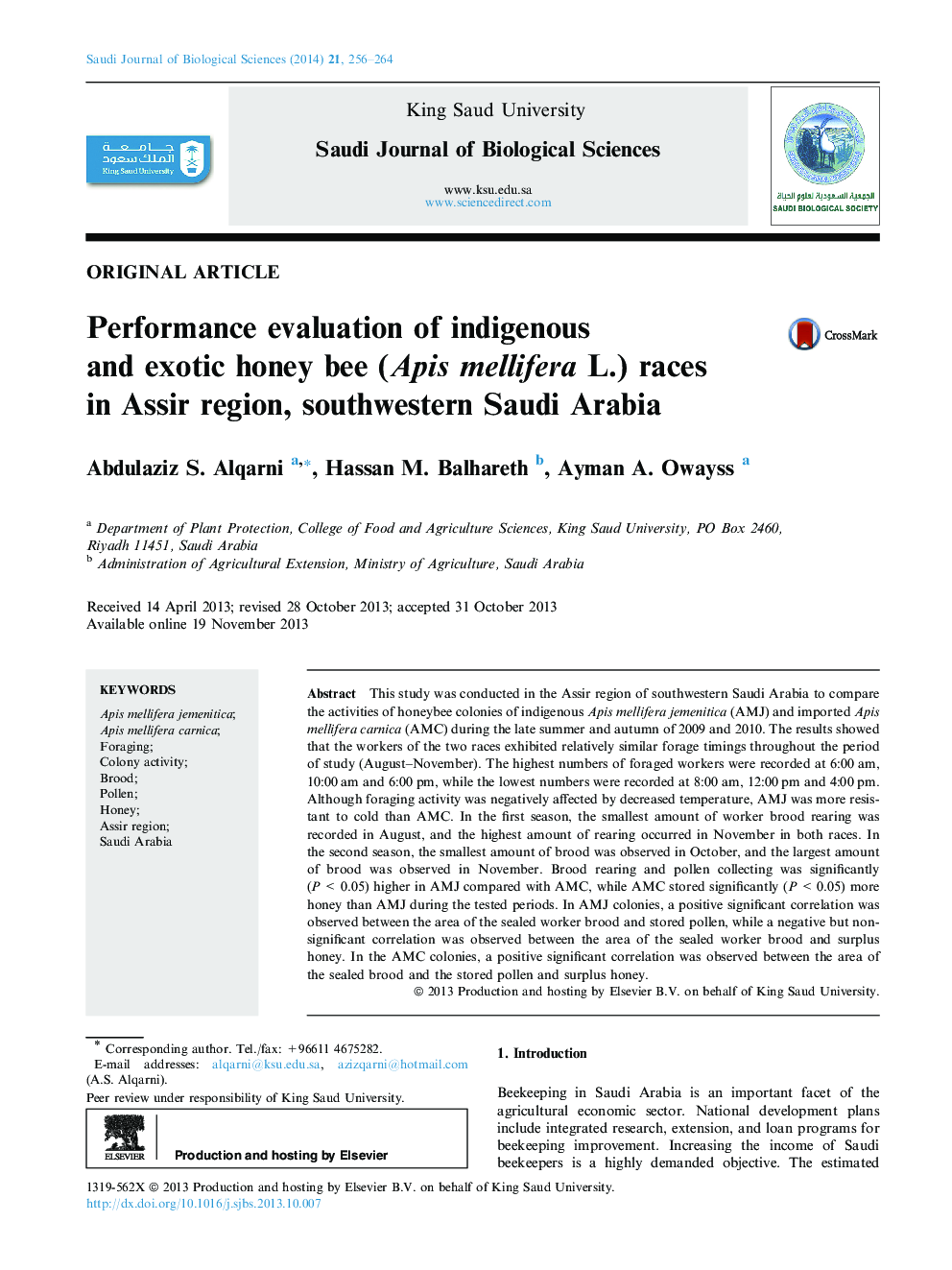 Performance evaluation of indigenous and exotic honey bee (Apis mellifera L.) races in Assir region, southwestern Saudi Arabia 