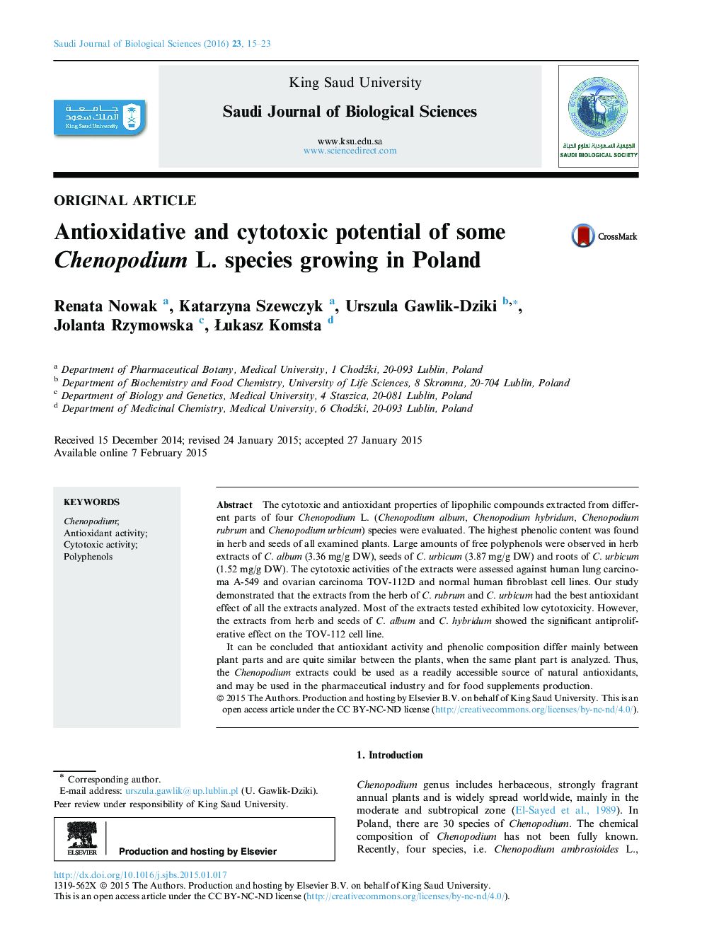 Antioxidative and cytotoxic potential of some Chenopodium L. species growing in Poland 