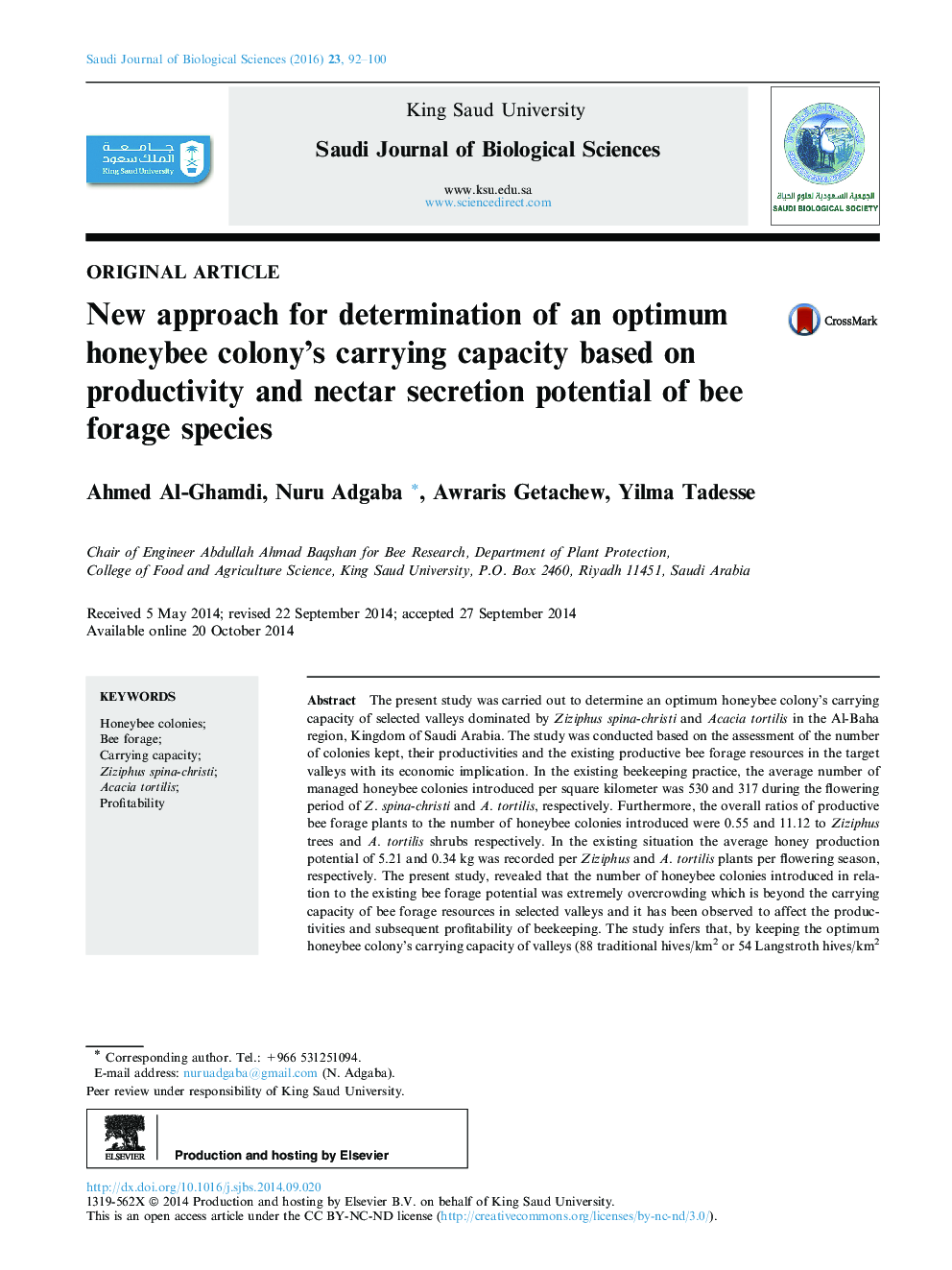 New approach for determination of an optimum honeybee colony’s carrying capacity based on productivity and nectar secretion potential of bee forage species 