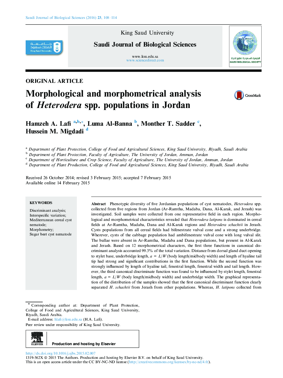 Morphological and morphometrical analysis of Heterodera spp. populations in Jordan 