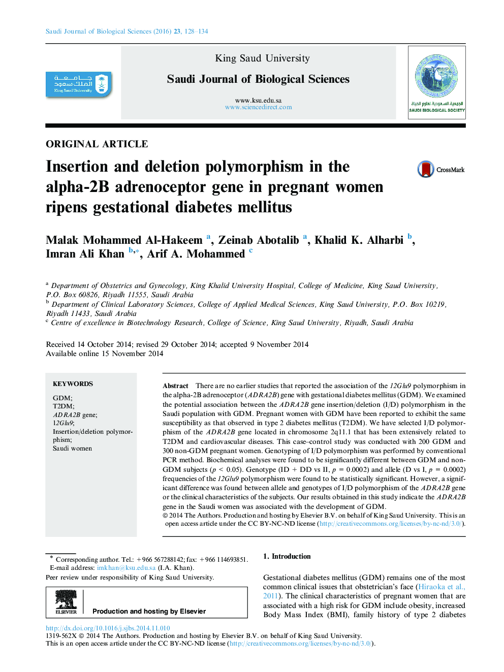 Insertion and deletion polymorphism in the alpha-2B adrenoceptor gene in pregnant women ripens gestational diabetes mellitus 